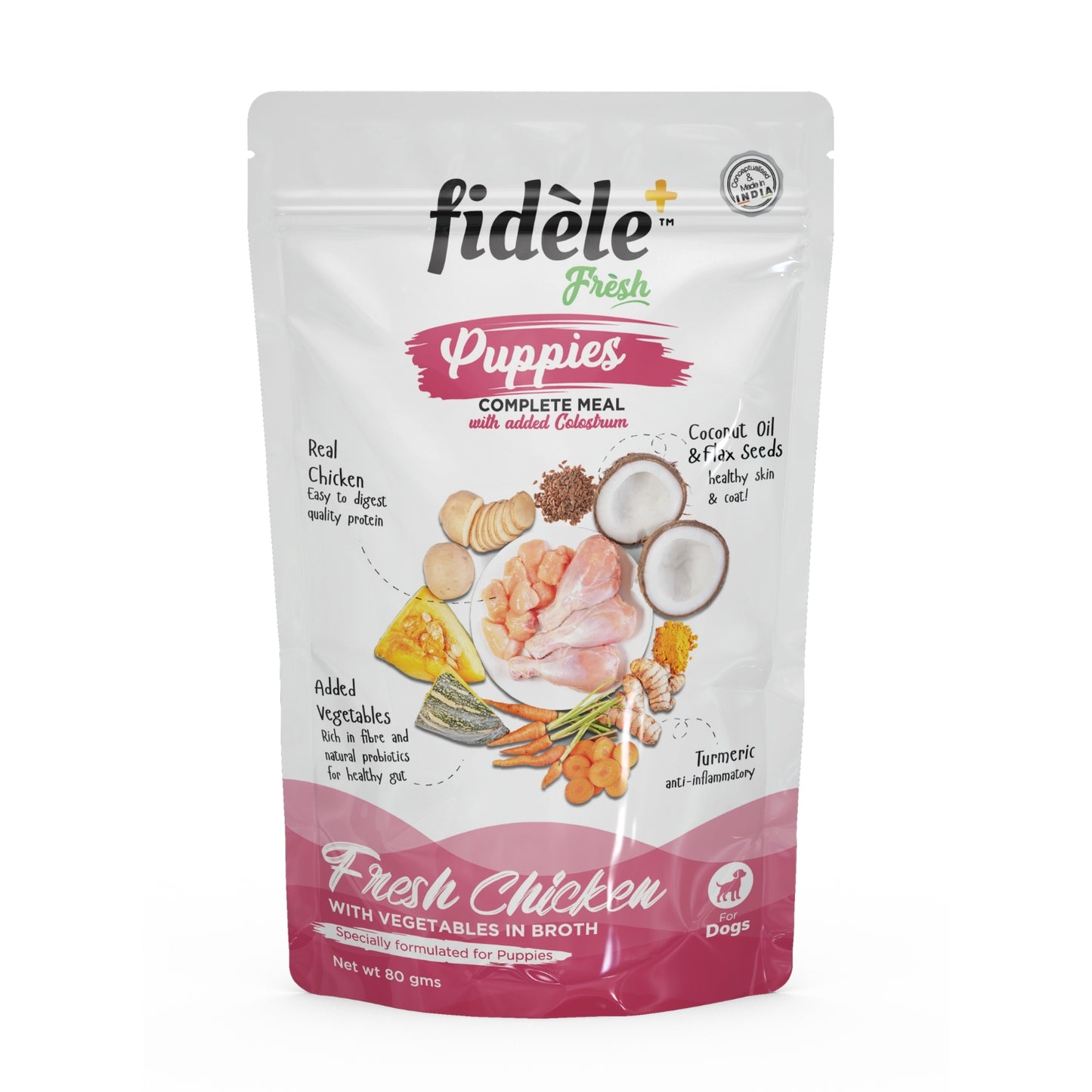 FIDELE+ Fresh Puppies Wet Dog Food with Colostrum, 80 g Pouch
